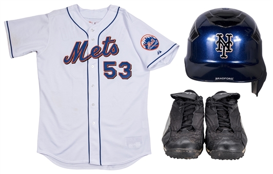Lot of (3) 2006 Chad Bradford Game Used New York Mets White Alternate Jersey, Puma Turf Cleats & Batting Helmet (MLB Authenticated, Mets-Steiner & JT Sports)